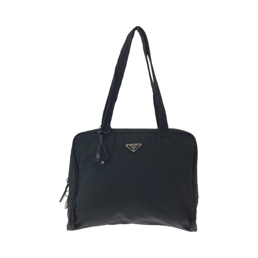 PRADA Tote Bag Nylon Black SilverMetal Tote Bag Shoulder Bag Test Triangle With logo Women Used Authentic