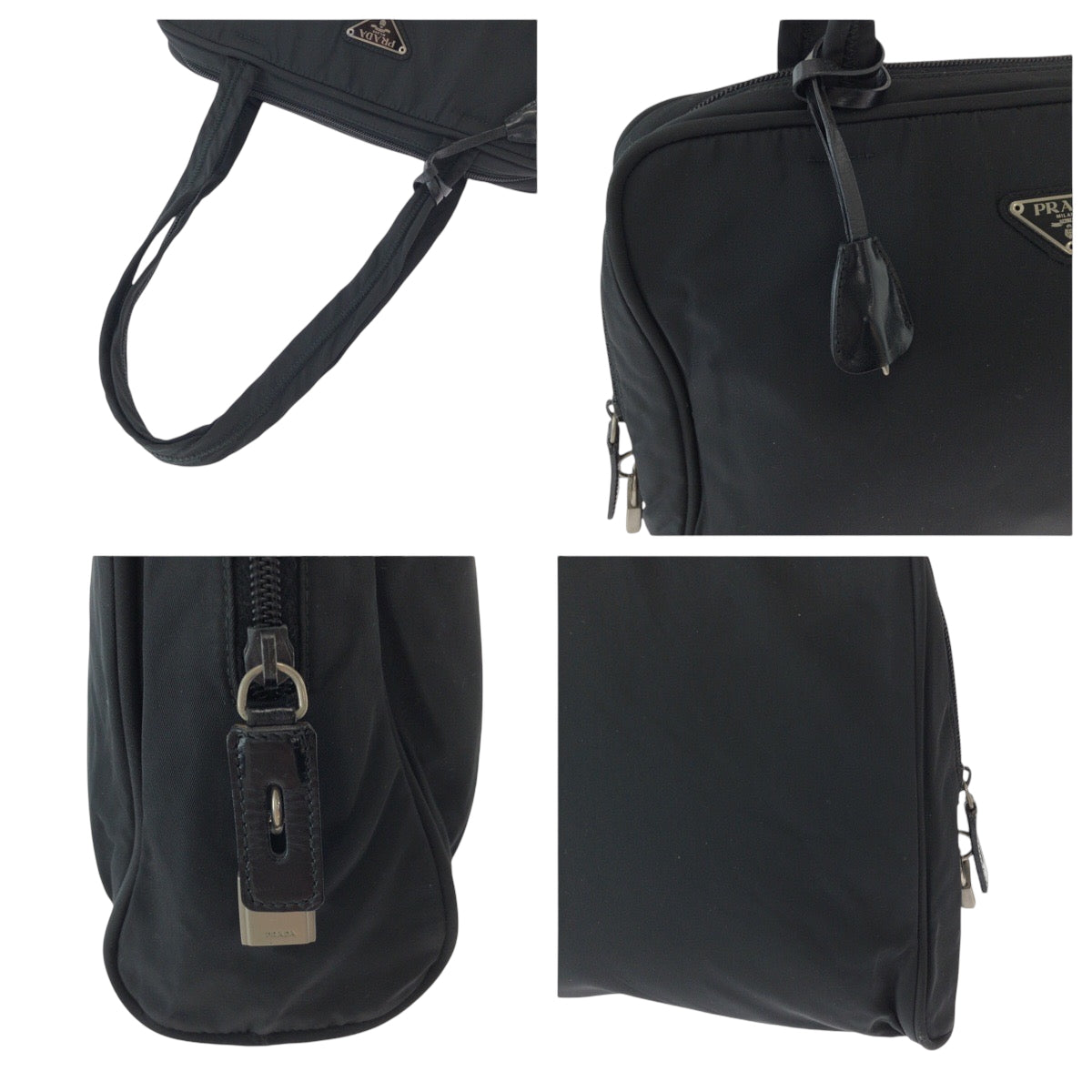 PRADA Tote Bag Nylon Black SilverMetal Tote Bag Shoulder Bag Test Triangle With logo Women Used Authentic