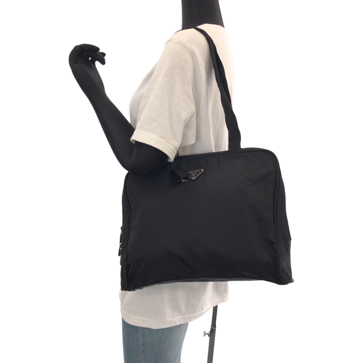PRADA Tote Bag Nylon Black SilverMetal Tote Bag Shoulder Bag Test Triangle With logo Women Used Authentic