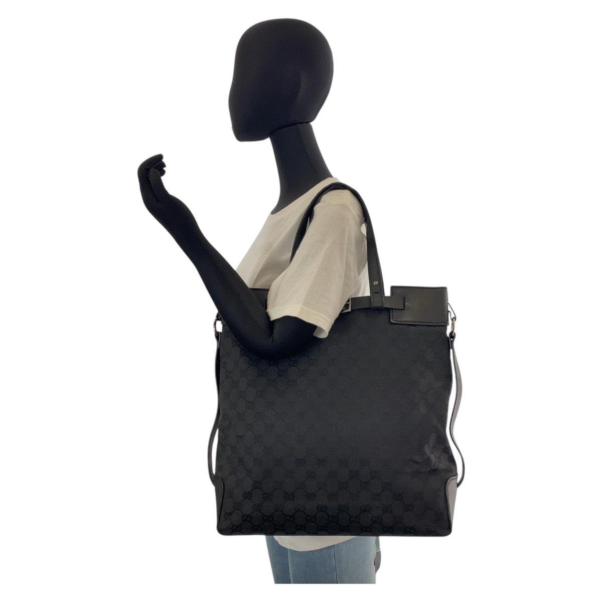 GUCCI Tote Bag 107736 GG canvas, leather Black black Tote Bag Shoulder Bag Women Used Authentic