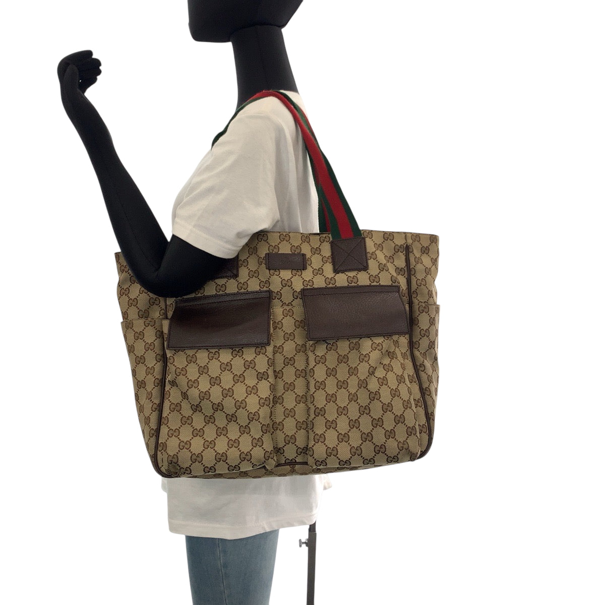 GUCCI Tote Bag 161836 GG canvas Brown beige Tote Bag Shoulder Bag Unisex Sherry line Women Used Authentic