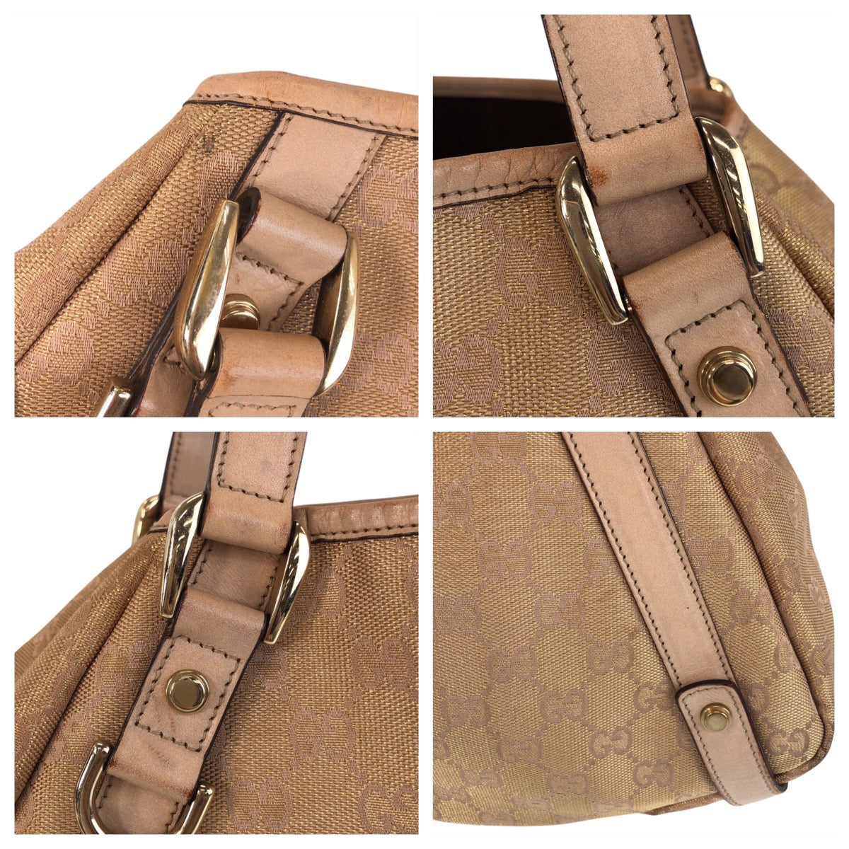 GUCCI Tote Bag 130736 GG canvas, leather Beige Gold Metal Tote Bag Shoulder Bag Abbey Women Used Authentic