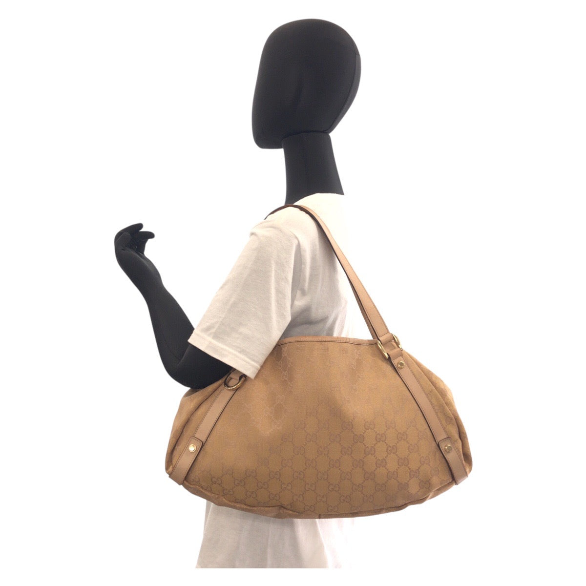 GUCCI Tote Bag 130736 GG canvas, leather Beige Gold Metal Tote Bag Shoulder Bag Abbey Women Used Authentic