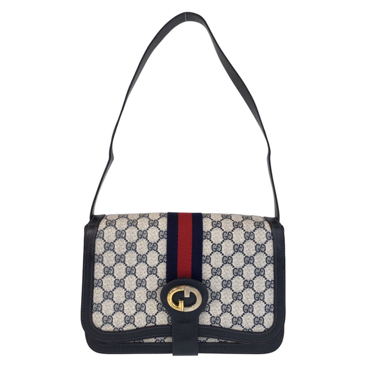 GUCCI Shoulder Bag GG Supreme canvas, leather Gray navy Sherry Line Old Gucci Women Used Authentic