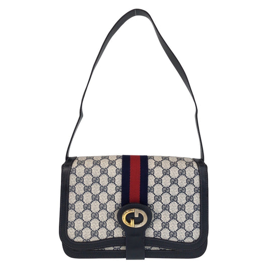 GUCCI Shoulder Bag GG Supreme canvas, leather Gray navy Sherry Line Old Gucci Women Used Authentic