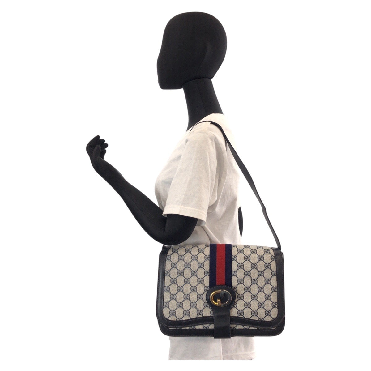 GUCCI Shoulder Bag GG Supreme canvas, leather Gray navy Sherry Line Old Gucci Women Used Authentic