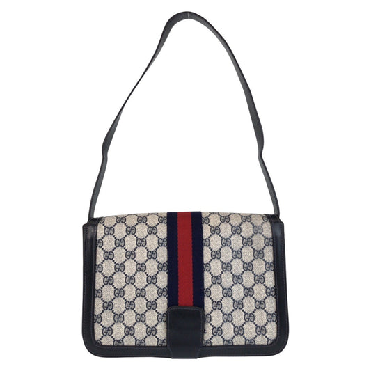 GUCCI Shoulder Bag GG Supreme canvas, leather Gray navy Sherry Line Old Gucci Women Used Authentic