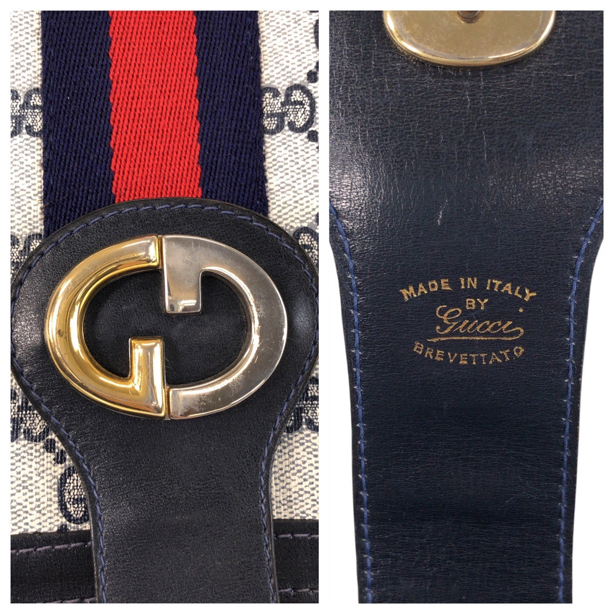 GUCCI Shoulder Bag GG Supreme canvas, leather Gray navy Sherry Line Old Gucci Women Used Authentic