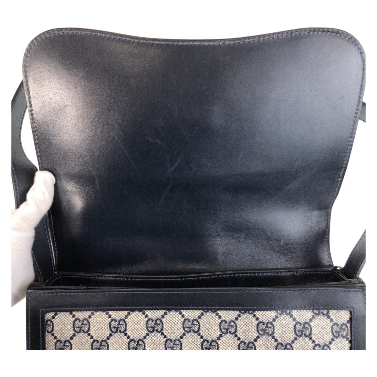 GUCCI Shoulder Bag GG Supreme canvas, leather Gray navy Sherry Line Old Gucci Women Used Authentic