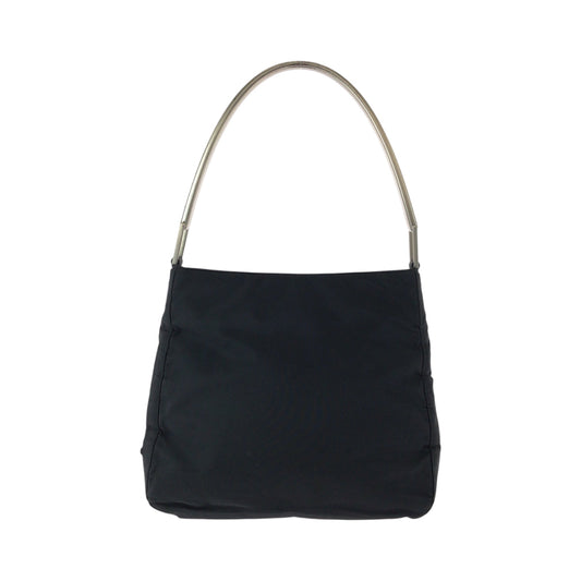 PRADA Shoulder Bag Nylon Black Silver Metal Hobo One Shoulder Bag with Plastic Handle Test Triangle With logo Women Used Authentic