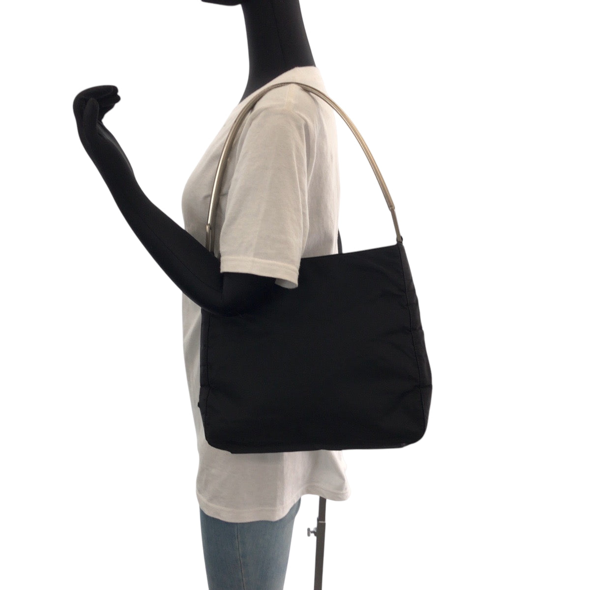 PRADA Shoulder Bag Nylon Black Silver Metal Hobo One Shoulder Bag with Plastic Handle Test Triangle With logo Women Used Authentic