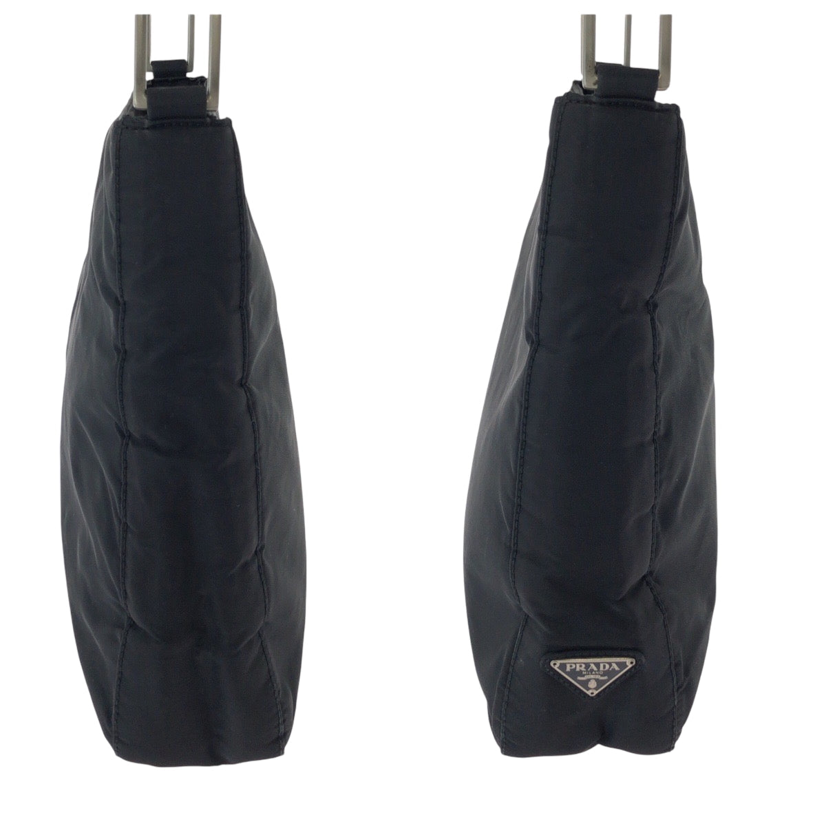 PRADA Shoulder Bag Nylon Black Silver Metal Hobo One Shoulder Bag with Plastic Handle Test Triangle With logo Women Used Authentic