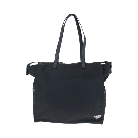 PRADA Tote Bag Nylon Black SilverMetal Tote Bag Shoulder Bag Test Triangle With logo Women Used Authentic