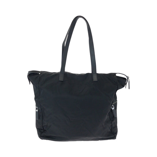 PRADA Tote Bag Nylon Black SilverMetal Tote Bag Shoulder Bag Test Triangle With logo Women Used Authentic