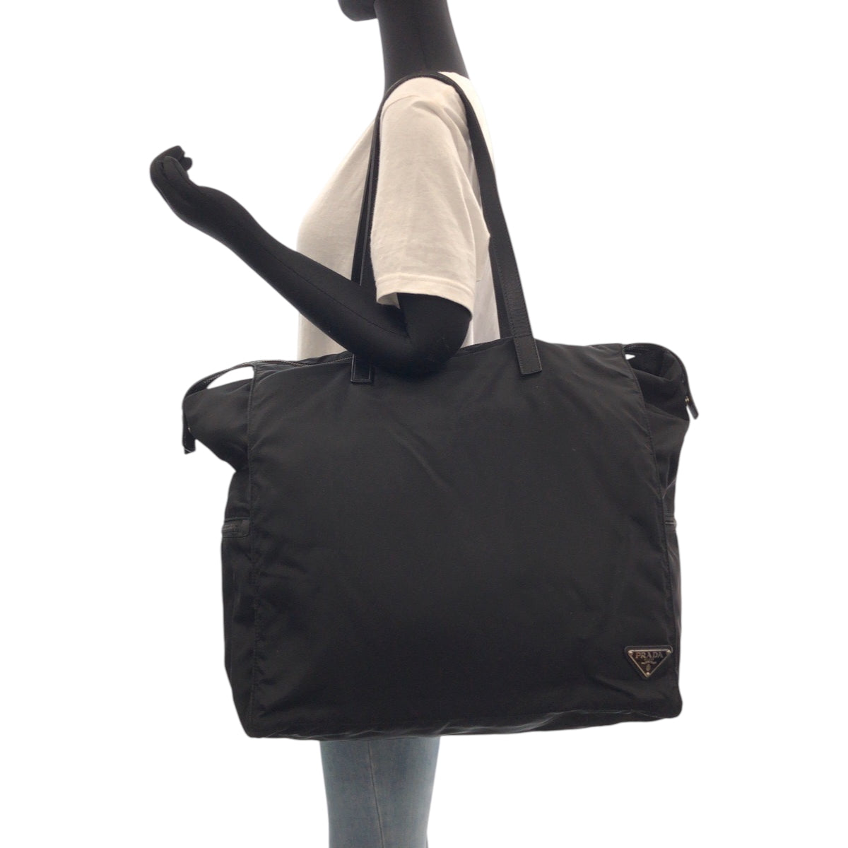 PRADA Tote Bag Nylon Black SilverMetal Tote Bag Shoulder Bag Test Triangle With logo Women Used Authentic