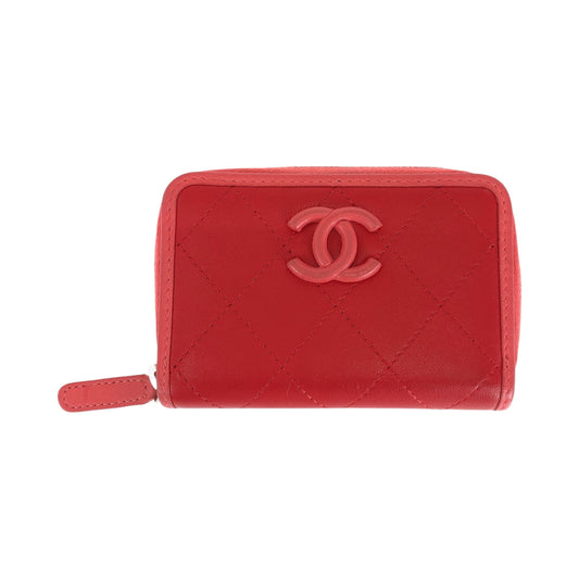 CHANEL Coin case lambskin Red Compact wallet Coin case Fragment case Matrasse COCO Mark Women Used Authentic