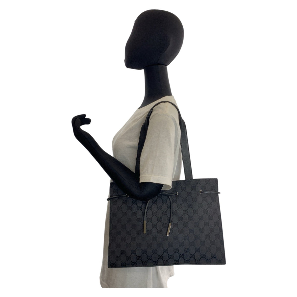 GUCCI Tote Bag 002 1053 GG canvas, leather Black SilverMetal Tote Bag Shoulder Bag Women Used Authentic