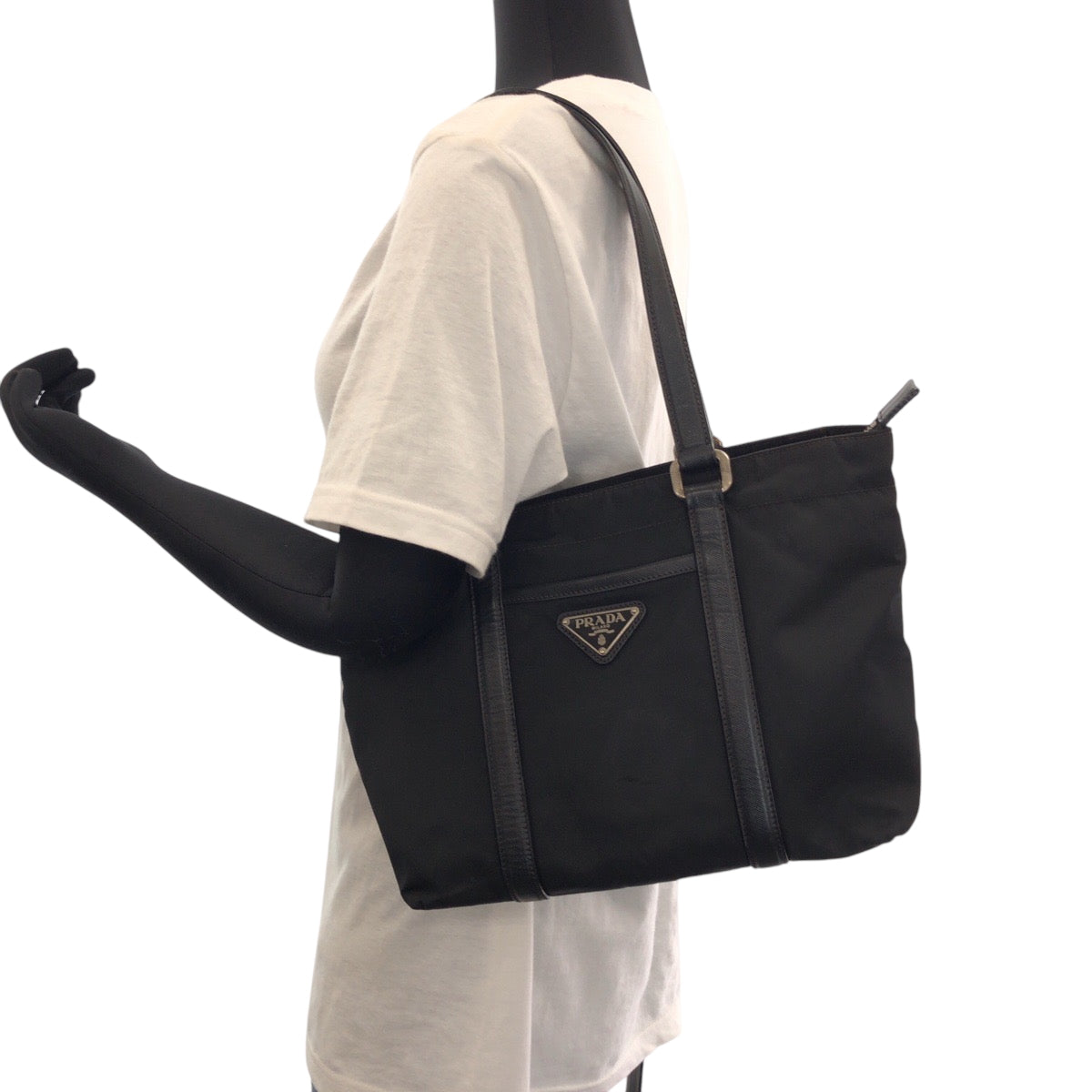 PRADA Tote Bag BR2288 Nylon Black Silver Metal Handbag Tote Bag Test Triangle With logo Women Used Authentic