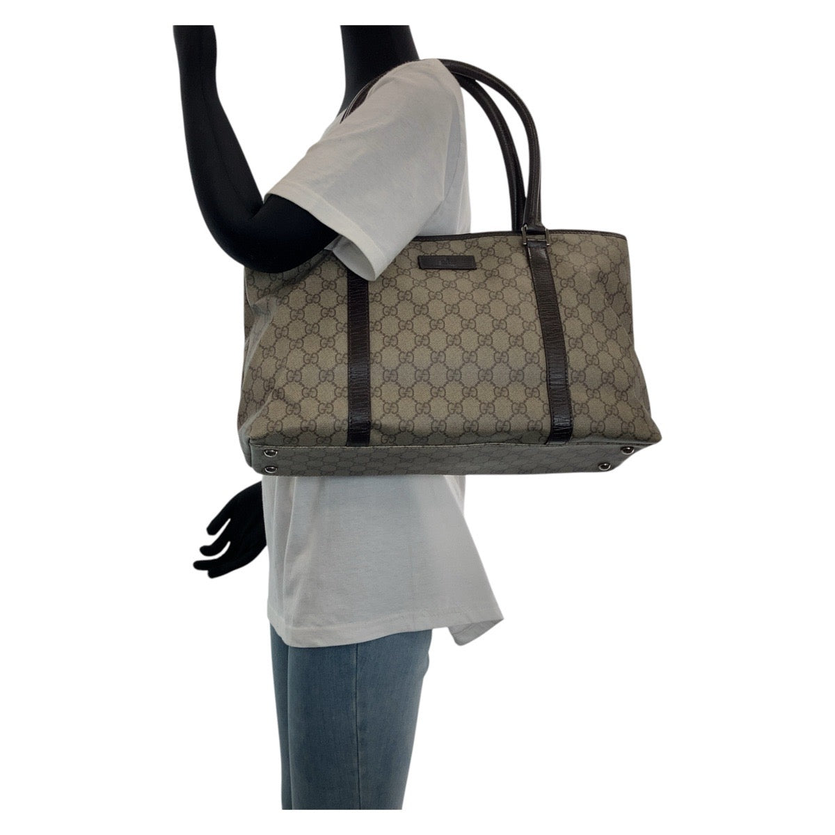 GUCCI Tote Bag 114595 GG Supreme canvas, leather Brown Gray SilverMetal Tote Bag Shoulder Bag Women Used Authentic
