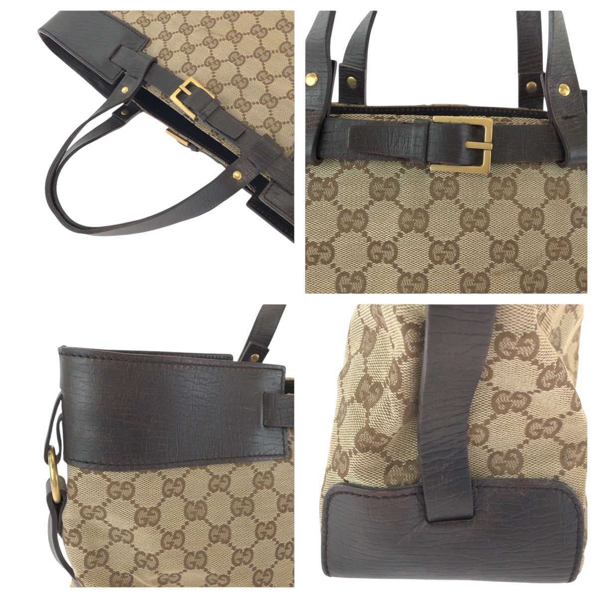 GUCCI Tote Bag 106251 GG canvas Beige Brown Gold Metal Tote Bag handbag Women Used Authentic