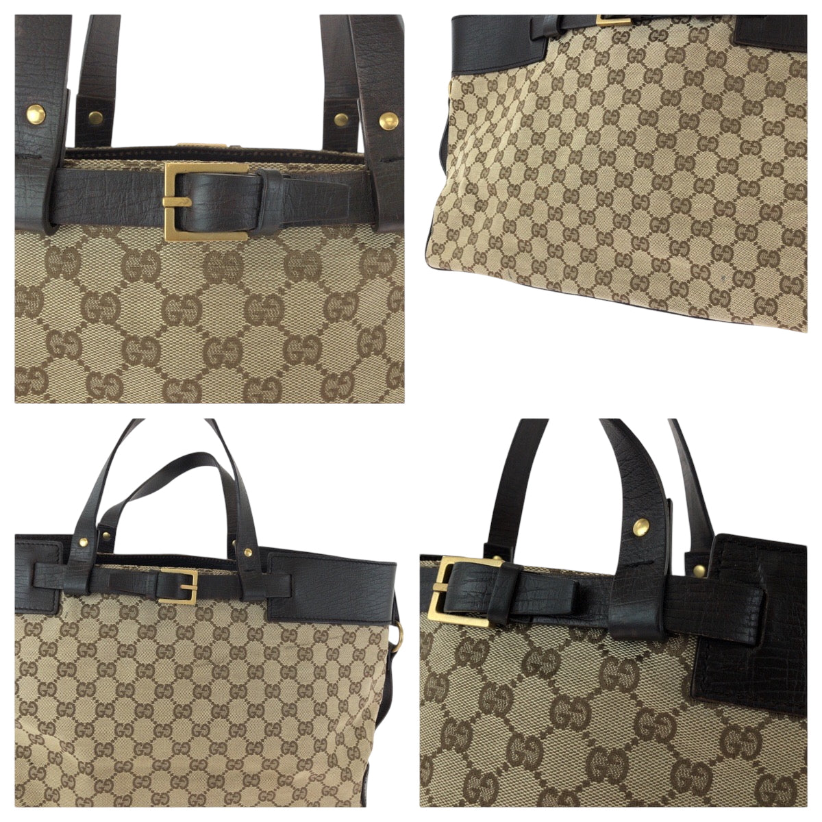 GUCCI Tote Bag 106251 GG canvas Beige Brown Gold Metal Tote Bag handbag Women Used Authentic