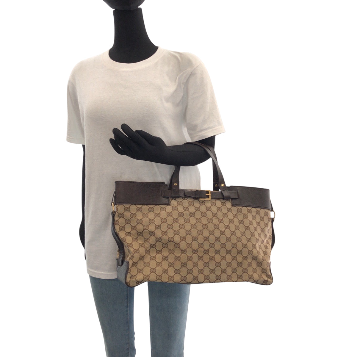 GUCCI Tote Bag 106251 GG canvas Beige Brown Gold Metal Tote Bag handbag Women Used Authentic