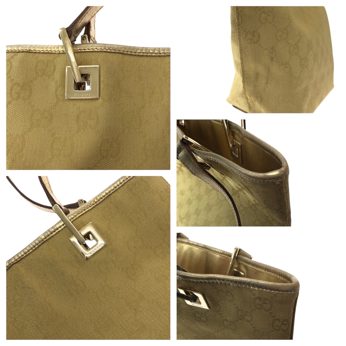 GUCCI Tote Bag 002 1099 GG canvas Gold Metal Tote Bag handbag Women Used Authentic