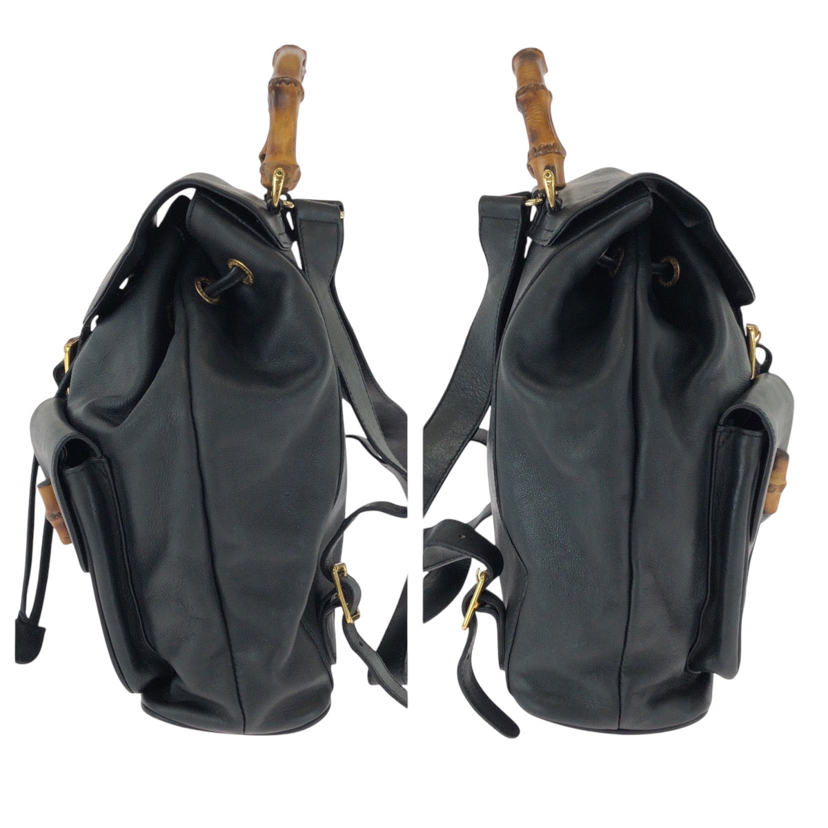 GUCCI Backpack 003 2058 0016 leather Black Brown Gold Metal Backpack Backpack Bamboo Women Used Authentic