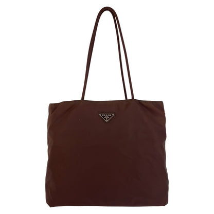 PRADA Tote Bag Nylon Brown Silver Metal Tote Bag Shoulder Bag Test Triangle With logo Women Used Authentic