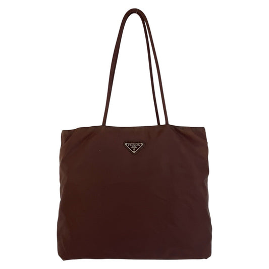 PRADA Tote Bag Nylon Brown Silver Metal Tote Bag Shoulder Bag Test Triangle With logo Women Used Authentic