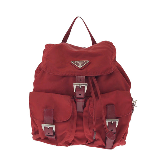 PRADA Backpack Nylon Red Silver Metal Backpack Backpack Test Triangle With logo Women Used Authentic