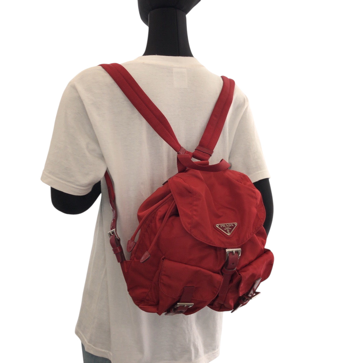 PRADA Backpack Nylon Red Silver Metal Backpack Backpack Test Triangle With logo Women Used Authentic