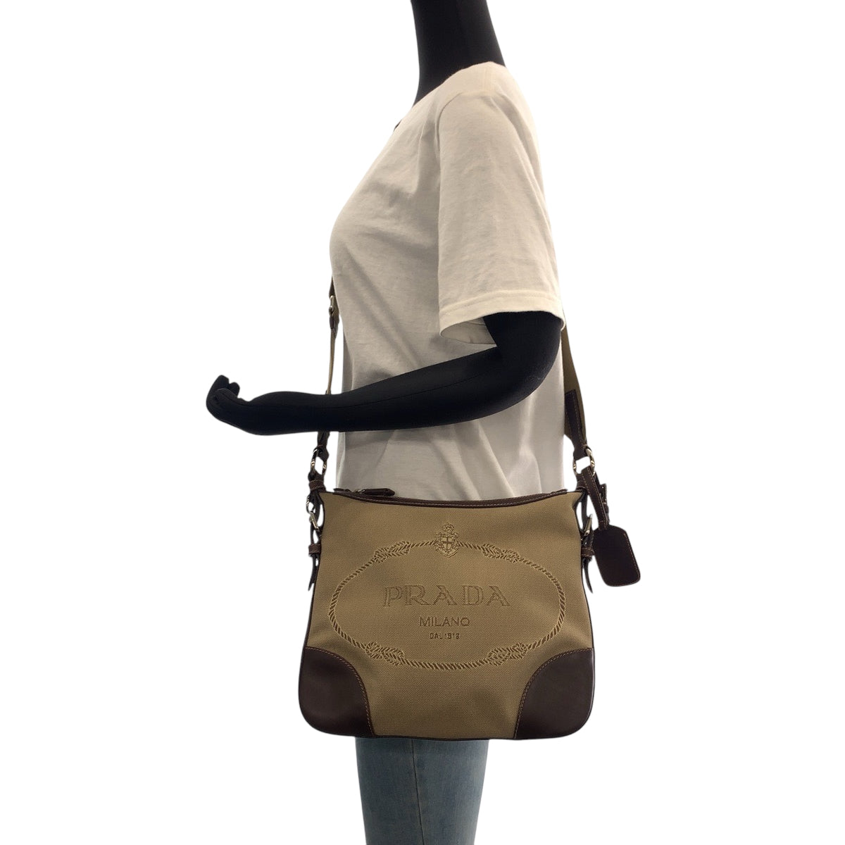 PRADA Shoulder Bag BT0534 canvas Beige brown Shoulder Bag pochette Logo jacquard Women Used Authentic