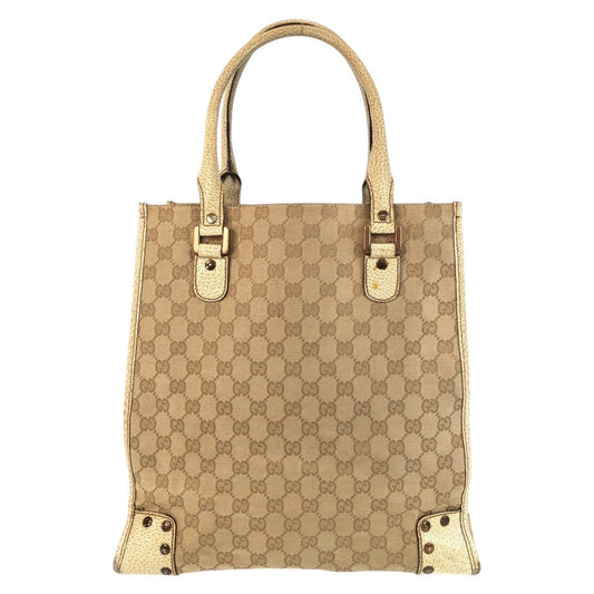 GUCCI Tote Bag 124261 GG canvas, leather Beige Gold Metal Tote Bag Shoulder Bag Women Used Authentic