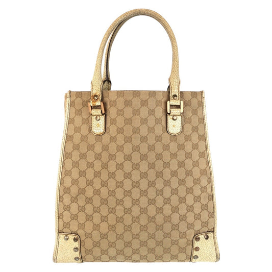 GUCCI Tote Bag 124261 GG canvas, leather Beige Gold Metal Tote Bag Shoulder Bag Women Used Authentic