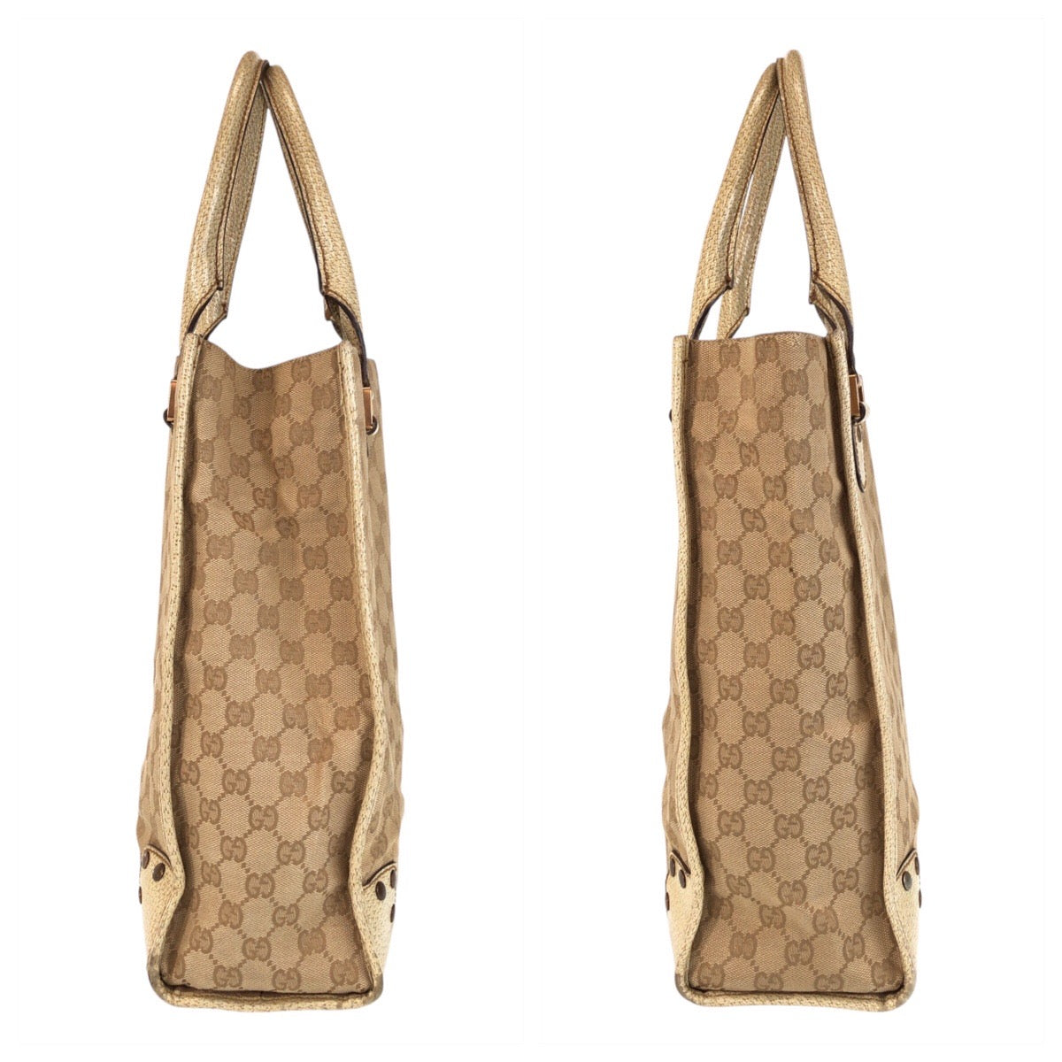 GUCCI Tote Bag 124261 GG canvas, leather Beige Gold Metal Tote Bag Shoulder Bag Women Used Authentic