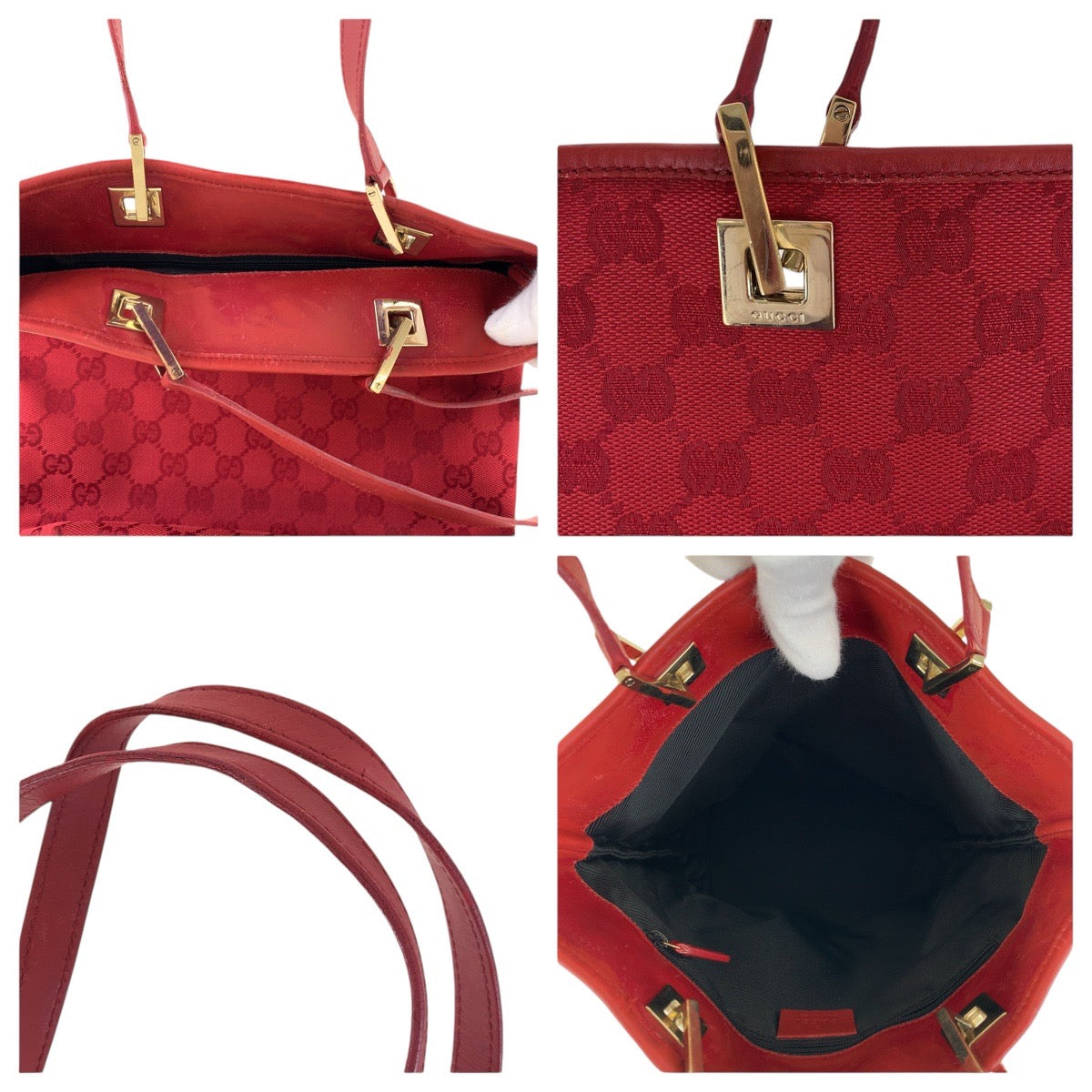 GUCCI Tote Bag 002 1099 GG canvas, leather Red Gold Metal Tote Bag Shoulder Bag Women Used Authentic