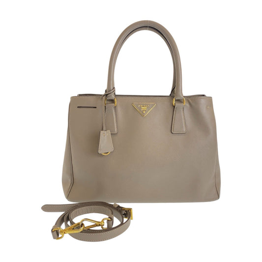 PRADA Handbag leather Greige Gold Metal Handbag Shoulder Bag 2way Safiano Triangle With logo Women Used Authentic