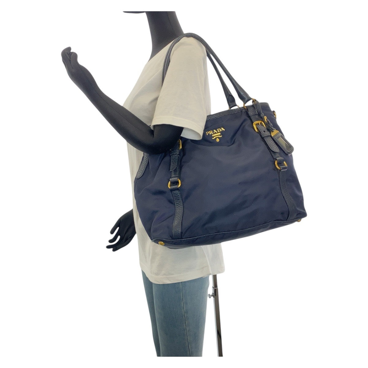 PRADA Shoulder Bag Nylon, Leather Navy Gold Metal Shoulder Bag handbag Women Used Authentic