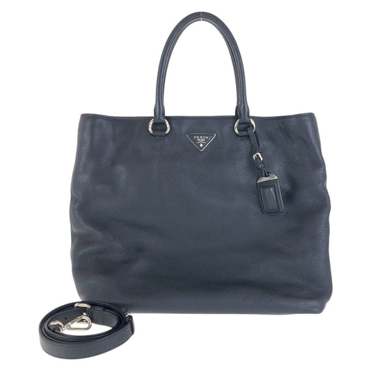 PRADA Tote Bag leather Black SilverMetal Tote Bag Shoulder Bag 2way Vittero Dyno Triangle With logo Women Used Authentic