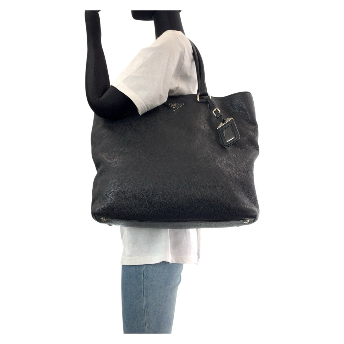 PRADA Tote Bag leather Black SilverMetal Tote Bag Shoulder Bag 2way Vittero Dyno Triangle With logo Women Used Authentic
