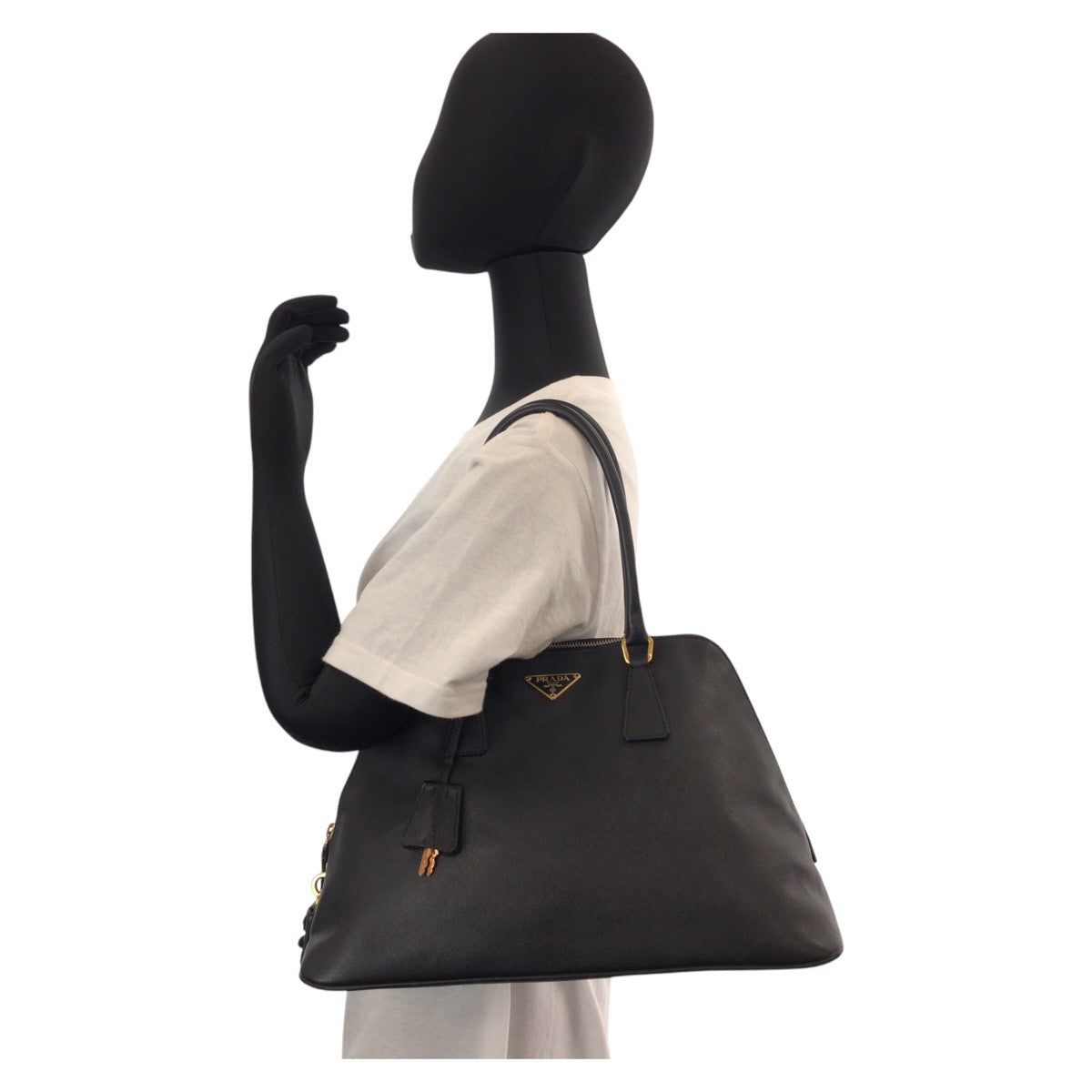 PRADA Handbag leather black Handbag Shoulder Bag Safiano Women Used Authentic