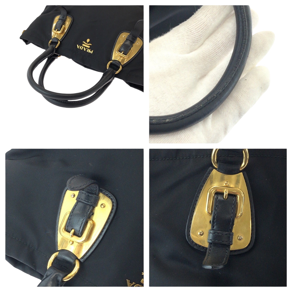 PRADA Tote Bag BN1902 Nylon Black Gold Metal Tote Bag Shoulder Bag Test logo Women Used Authentic