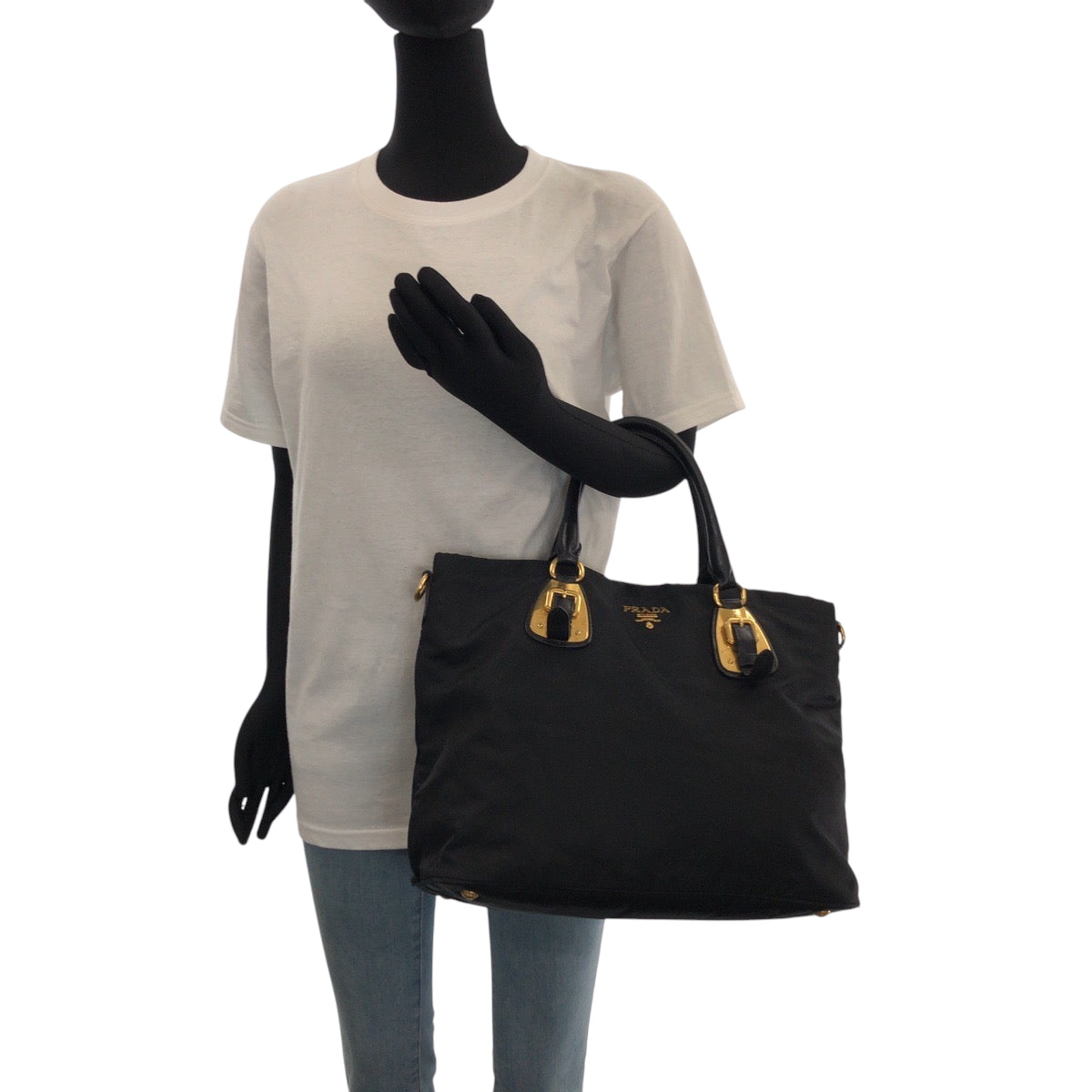 PRADA Tote Bag BN1902 Nylon Black Gold Metal Tote Bag Shoulder Bag Test logo Women Used Authentic