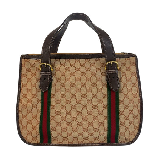 GUCCI Handbag GG canvas, leather Beige Brown Gold Metal Sherry Line Old Gucci Women Used Authentic