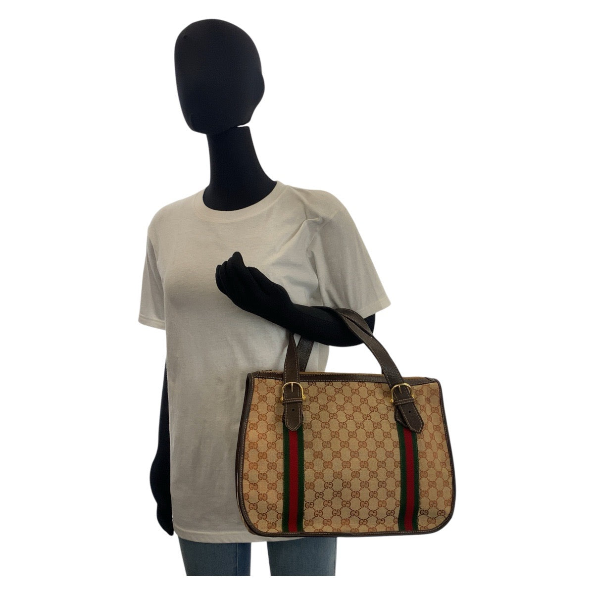 GUCCI Handbag GG canvas, leather Beige Brown Gold Metal Sherry Line Old Gucci Women Used Authentic