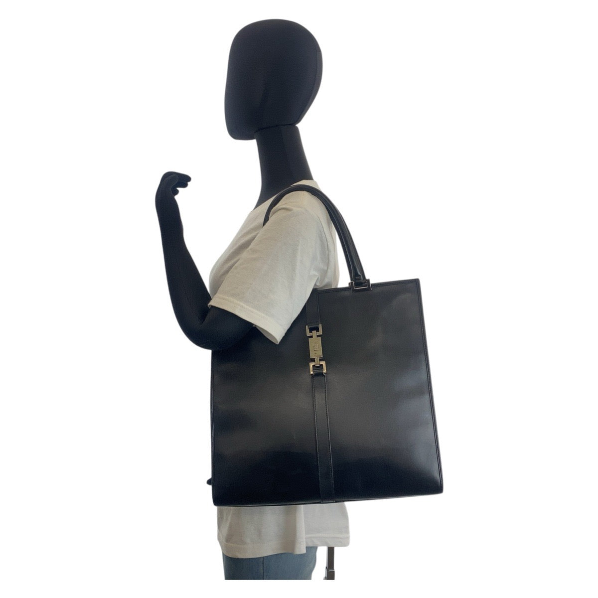 GUCCI Tote Bag 002 1064 leather Black SilverMetal Tote Bag Shoulder Bag Jackie Women Used Authentic