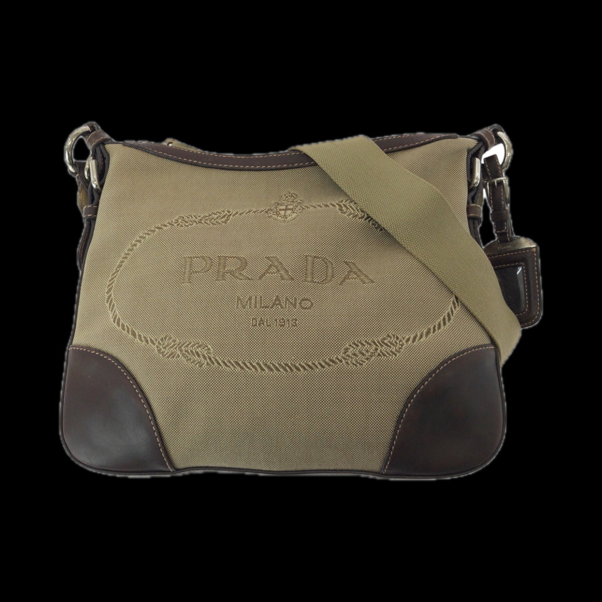PRADA Shoulder Bag canvas Brown Silver Metal Shoulder Bag pochette Logo jacquard Women Used Authentic