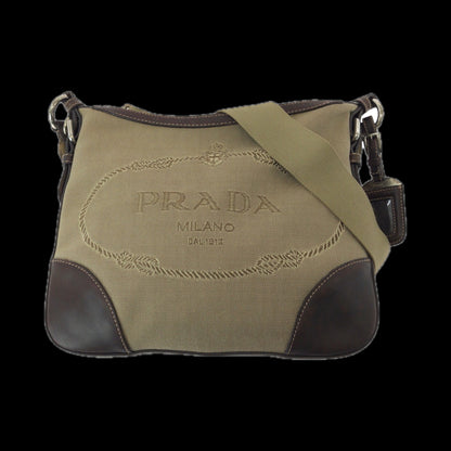 PRADA Shoulder Bag canvas Brown Silver Metal Shoulder Bag pochette Logo jacquard Women Used Authentic