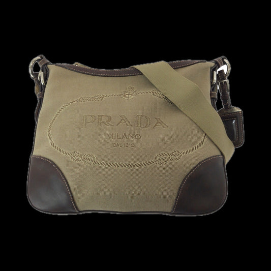 PRADA Shoulder Bag canvas Brown Silver Metal Shoulder Bag pochette Logo jacquard Women Used Authentic